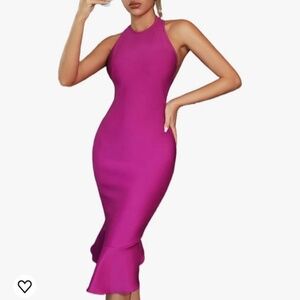 Hot Pink Backless Mermaid Hem Bandage Cocktail Dress - Small